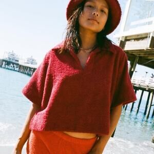 SIMONE FAN Ruby Red Cloth Towel Knit Polo Shirt Red sz M